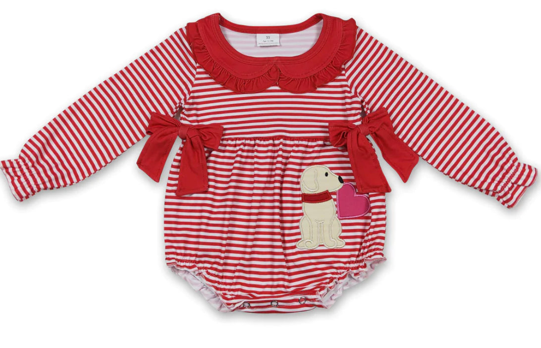 Red stripe heart dog Valentine’s Romper
