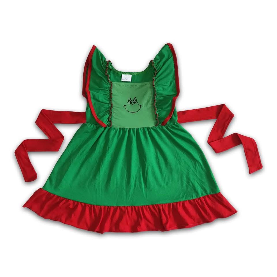 Green and red flutter sleeve dress