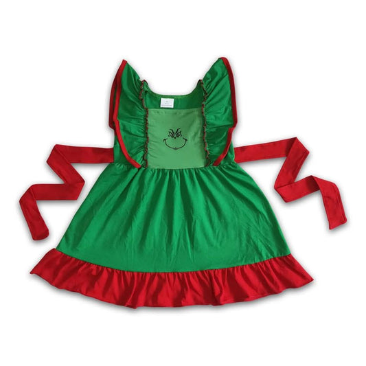 Green and red flutter sleeve dress